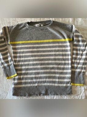 GAP Kids Gray and White Striped Crewneck Sweater with Yellow Stripe
